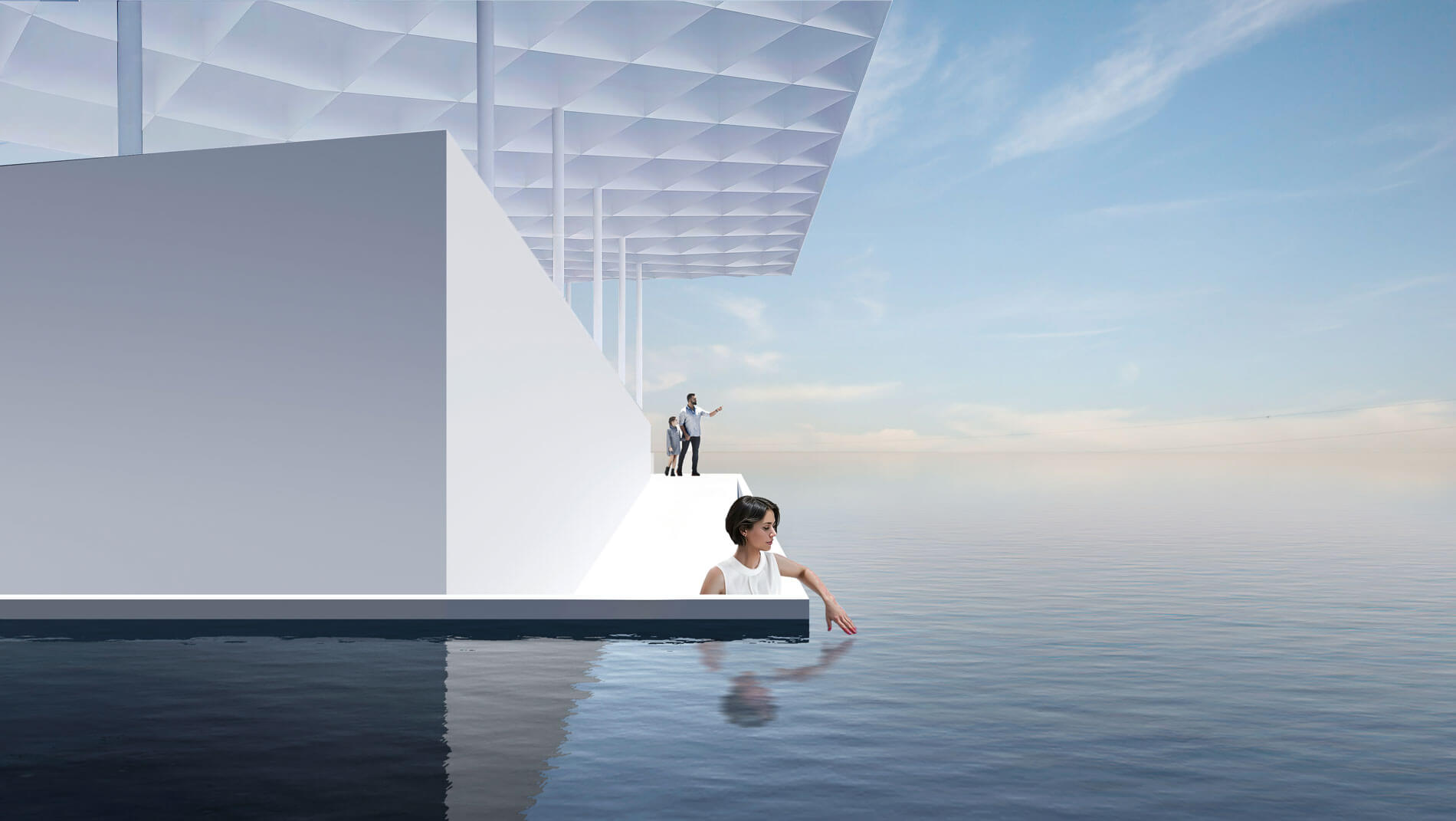 person walking down ramp of pavilion