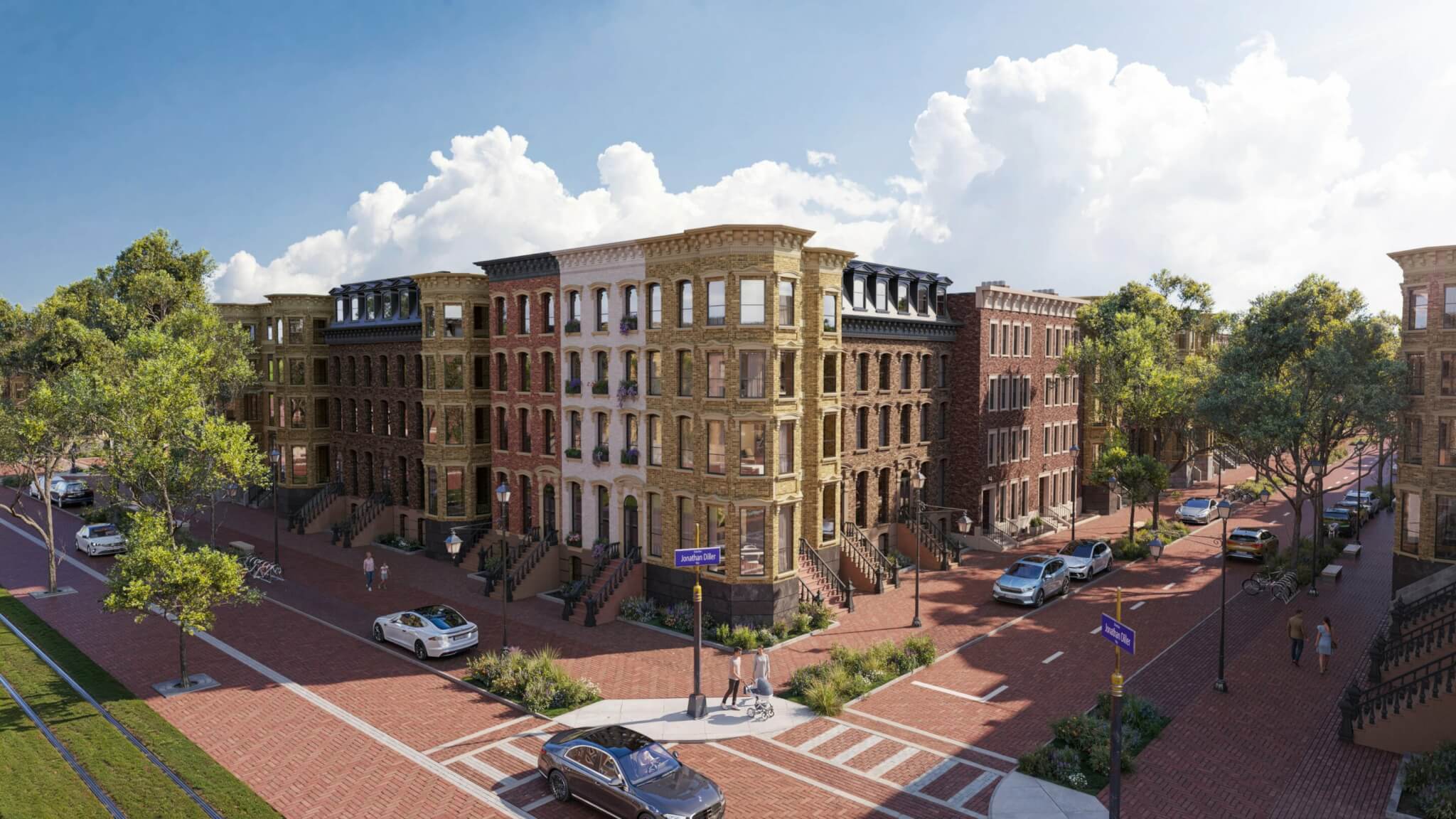 rendering of hero village showing brick streets and lowrise architecture