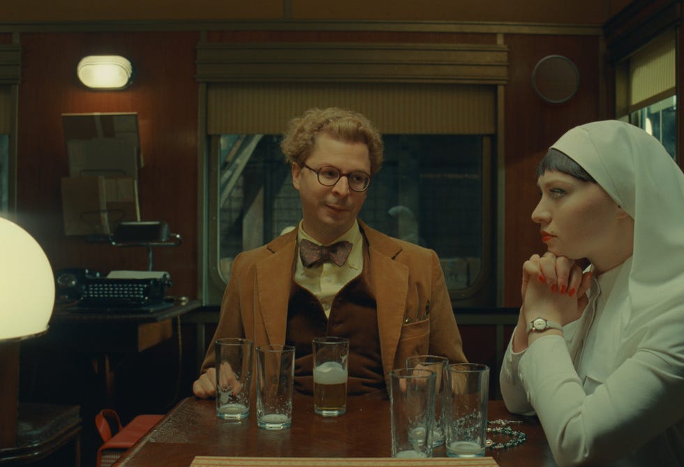 (l to r) michael cera as bjorn and mia threapleton as liesl in director wes anderson's the phoenician scheme, a focus features release. credit: courtesy of tps productions/focus features © 2025 all rights reserved.
