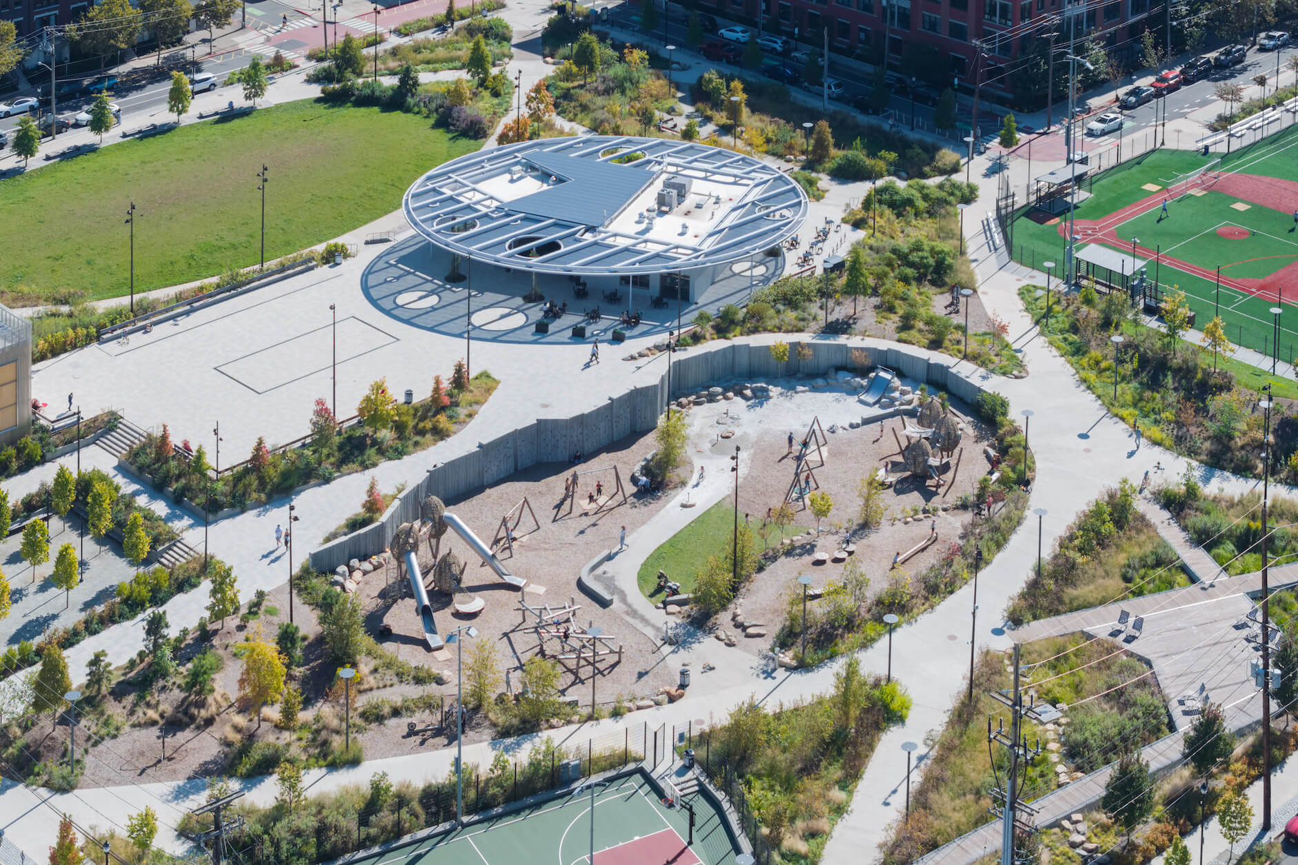 An arial image of the ResilinCity Park Pavilion in Hoboken, New Jersey