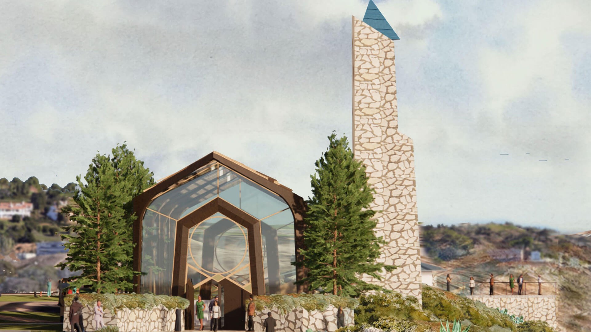 A view of the glass chapel at the proposed site for Wayfarers Chapel in California