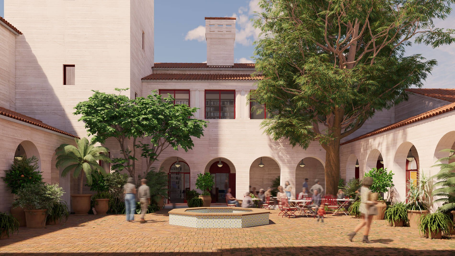a courtyard with plants