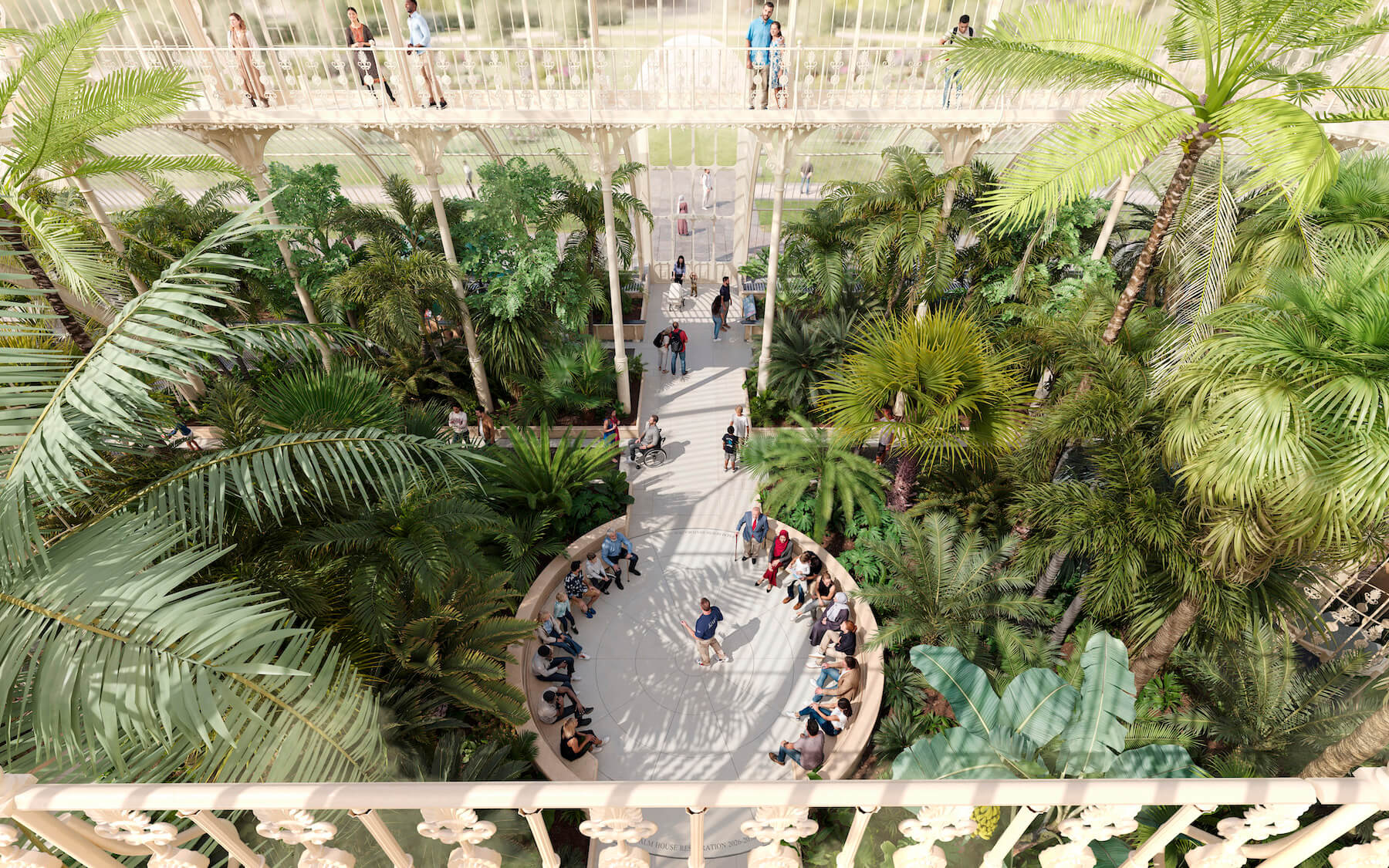 Rendering of interior of Palm House with circular pathway and greenery at Kew Gardens