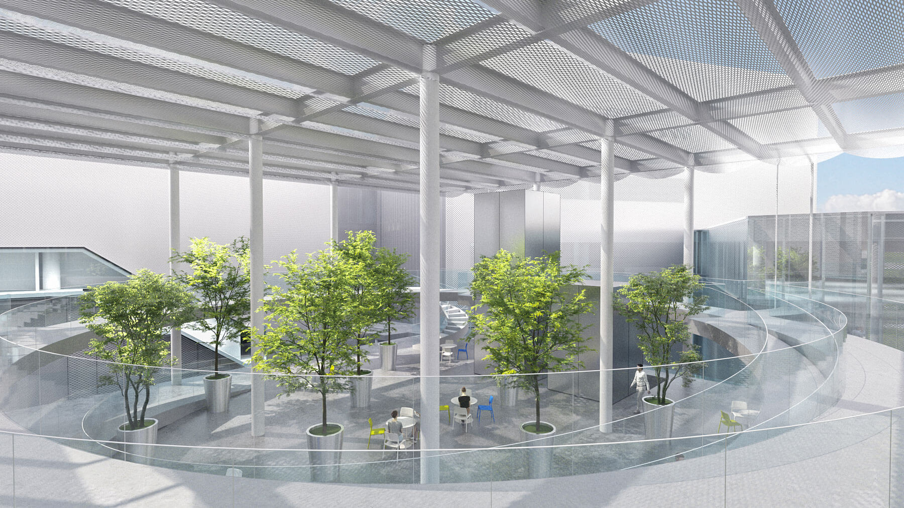 potted tree plants in sunken space