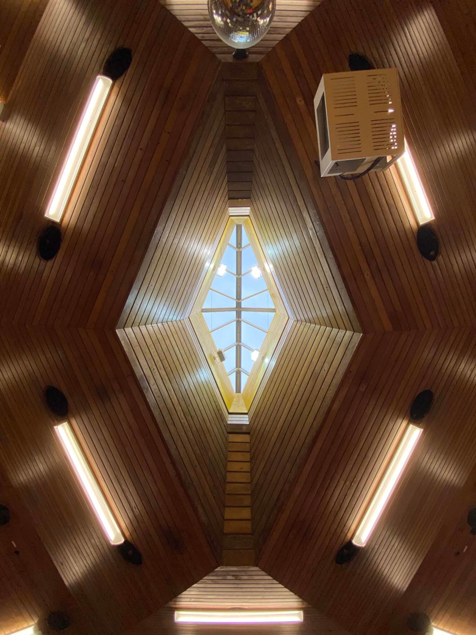 wood ceiling and skylight