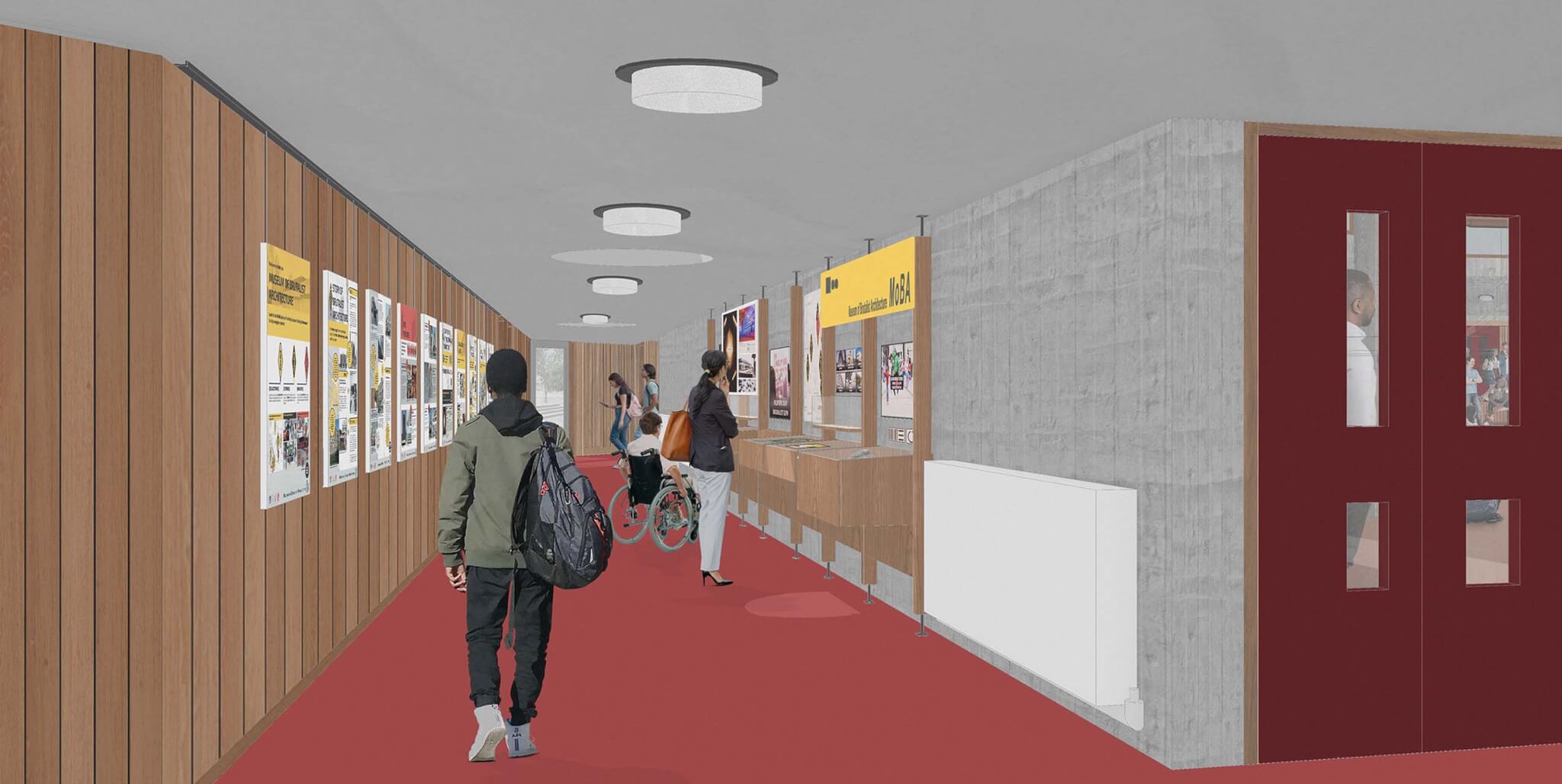 hallway corrdior with museum of brutalist architecture display on walls