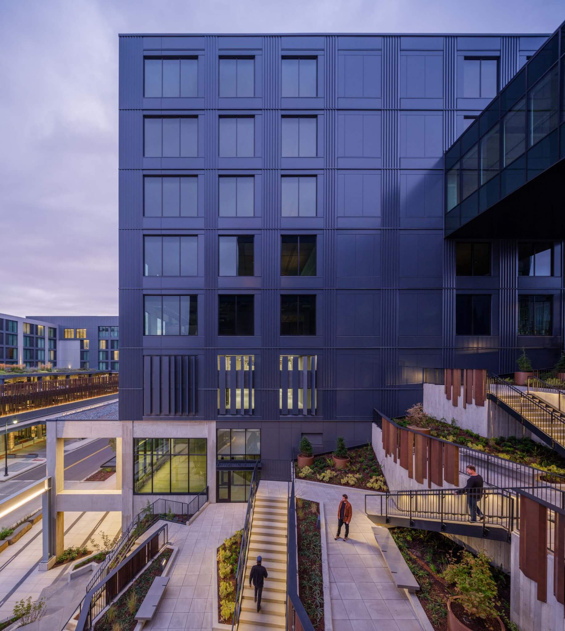 a landscaped plaza around the building