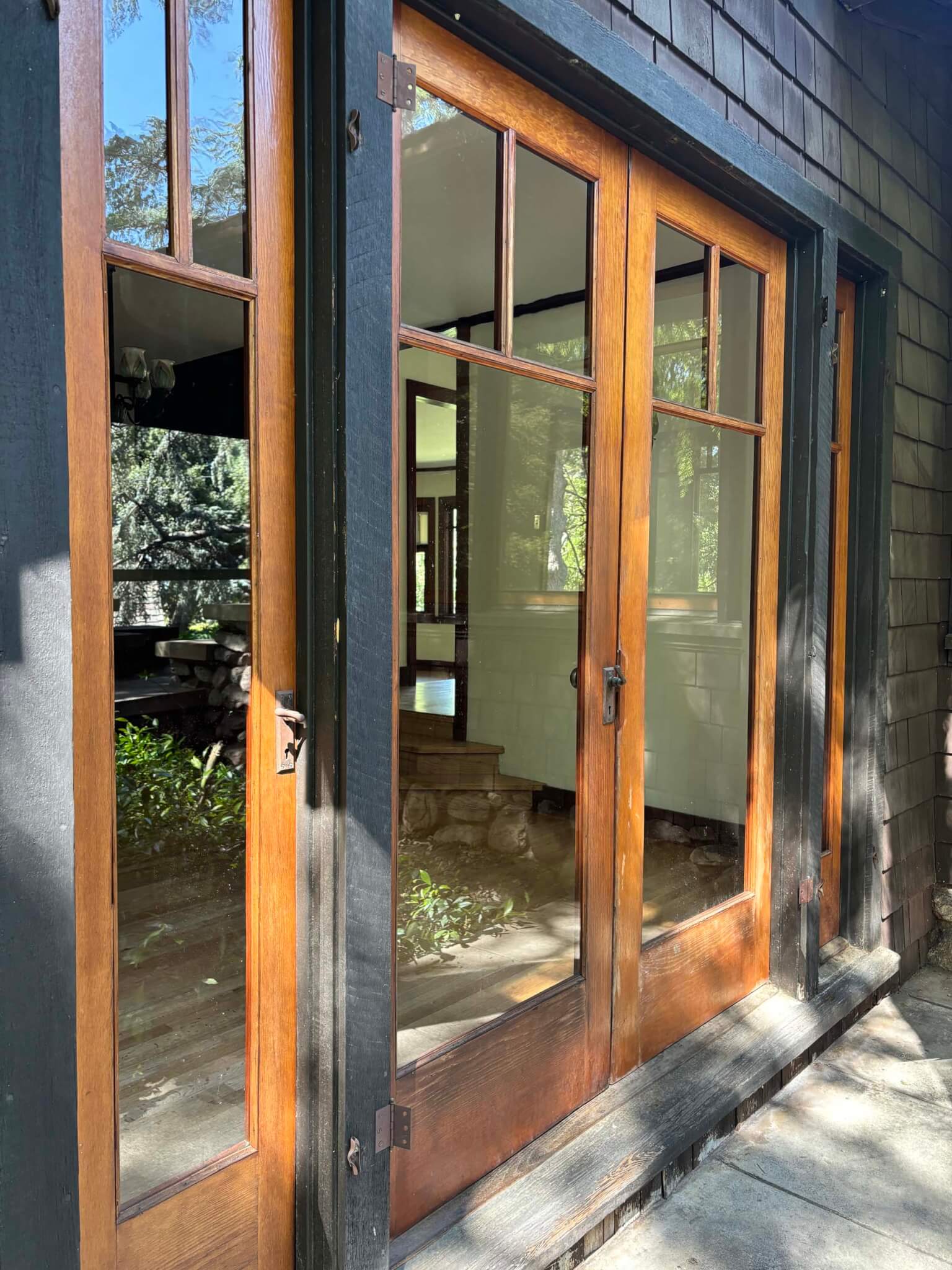 redwood-framed doors