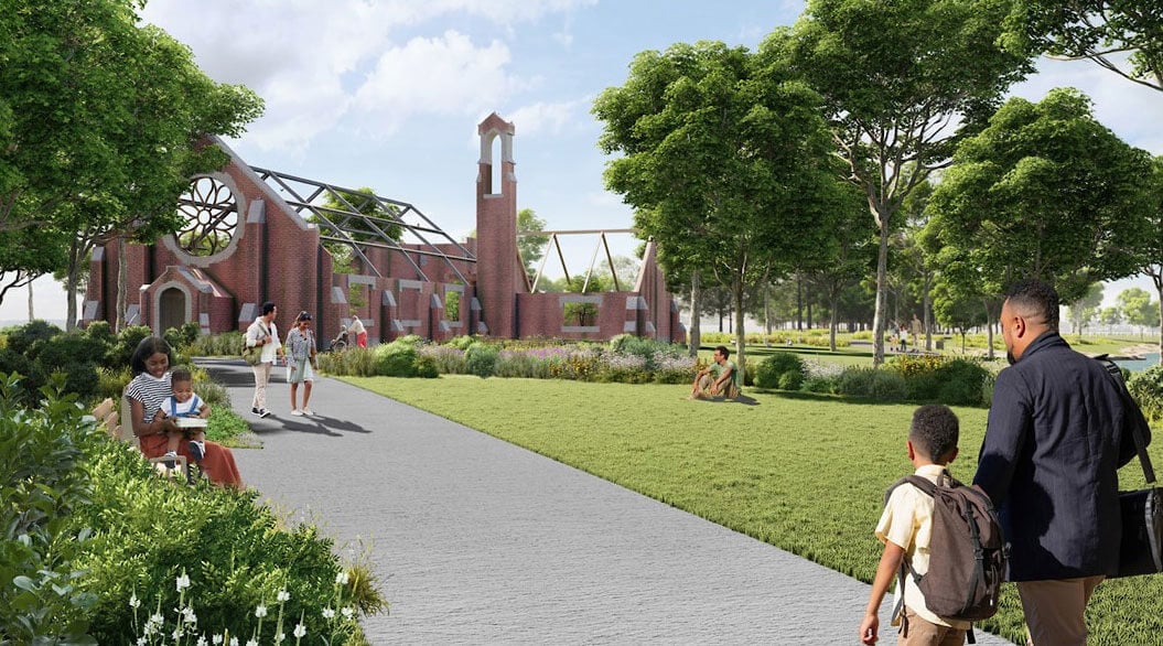 Rendering of Hart Island’s chapel restored as a garden sanctuary