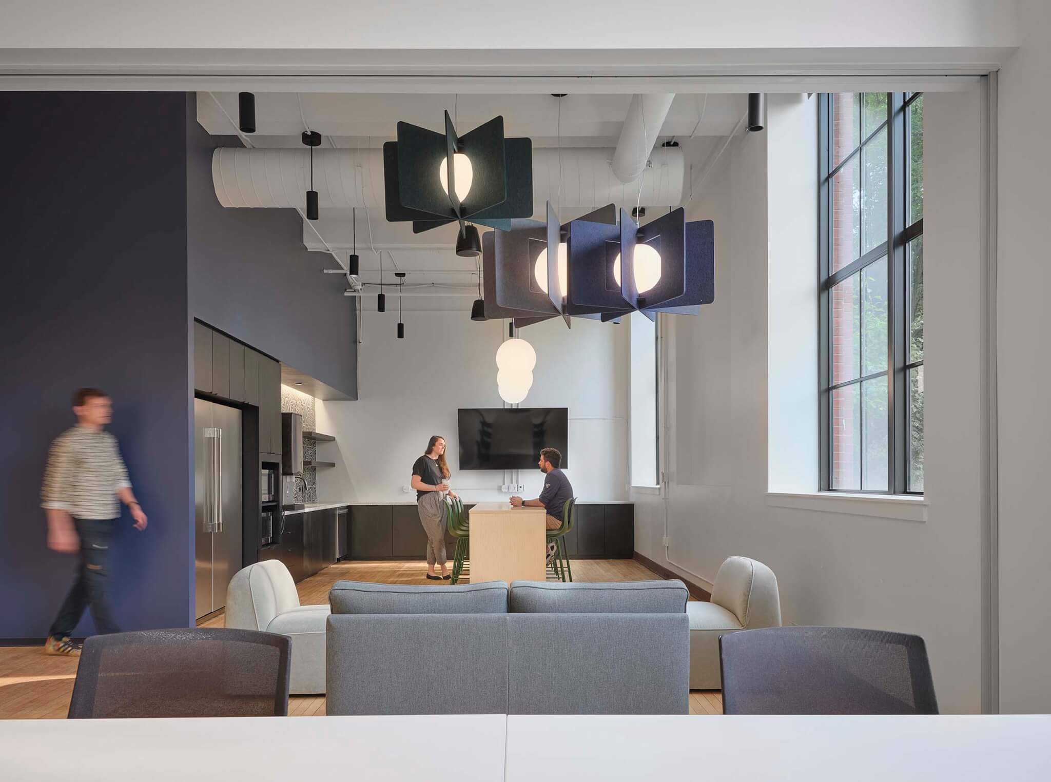interior, a lounge with gray sofas
