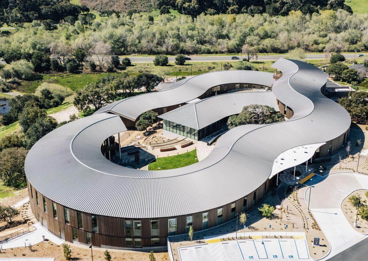 Wood, architecture, organic plan, metal roof
