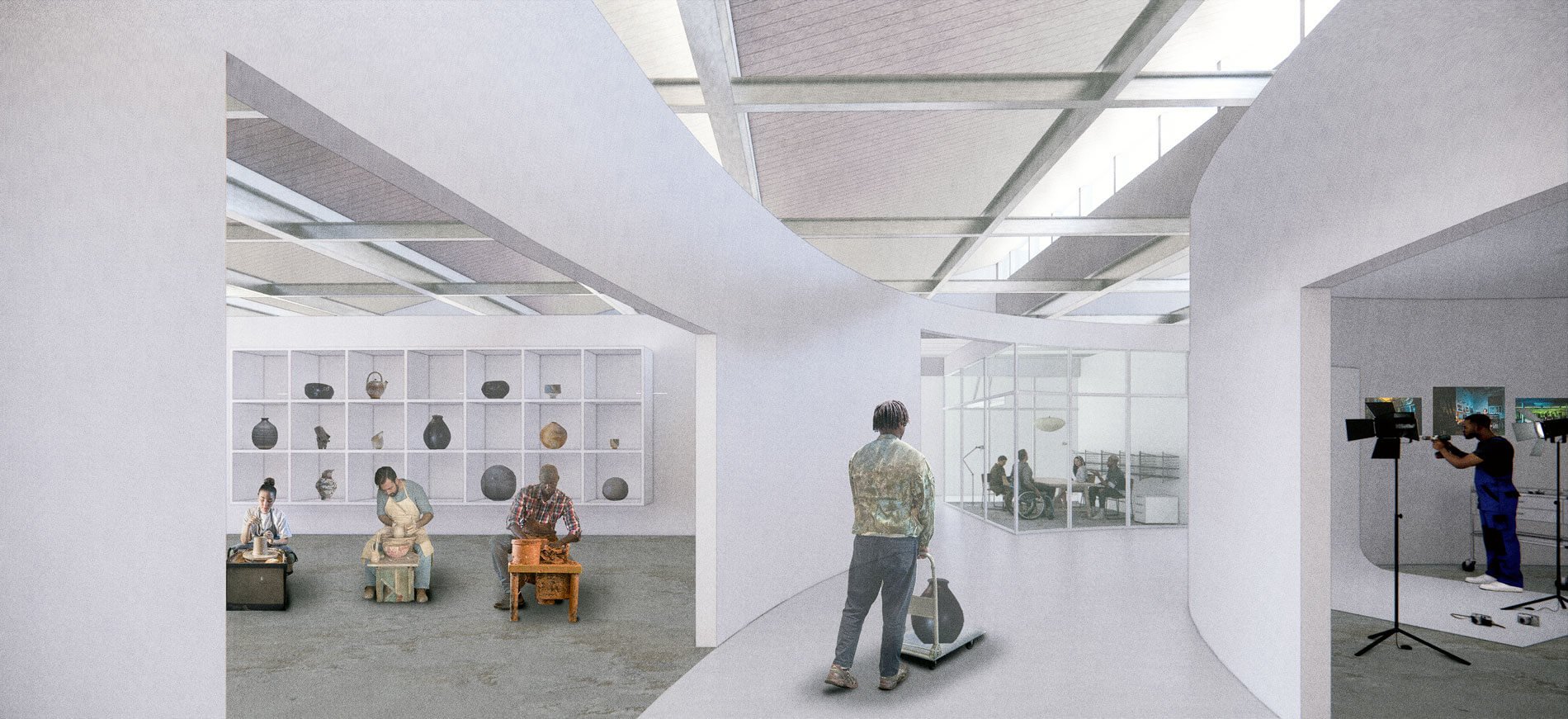 interior rendering of future bakehouse art complex creative spaces