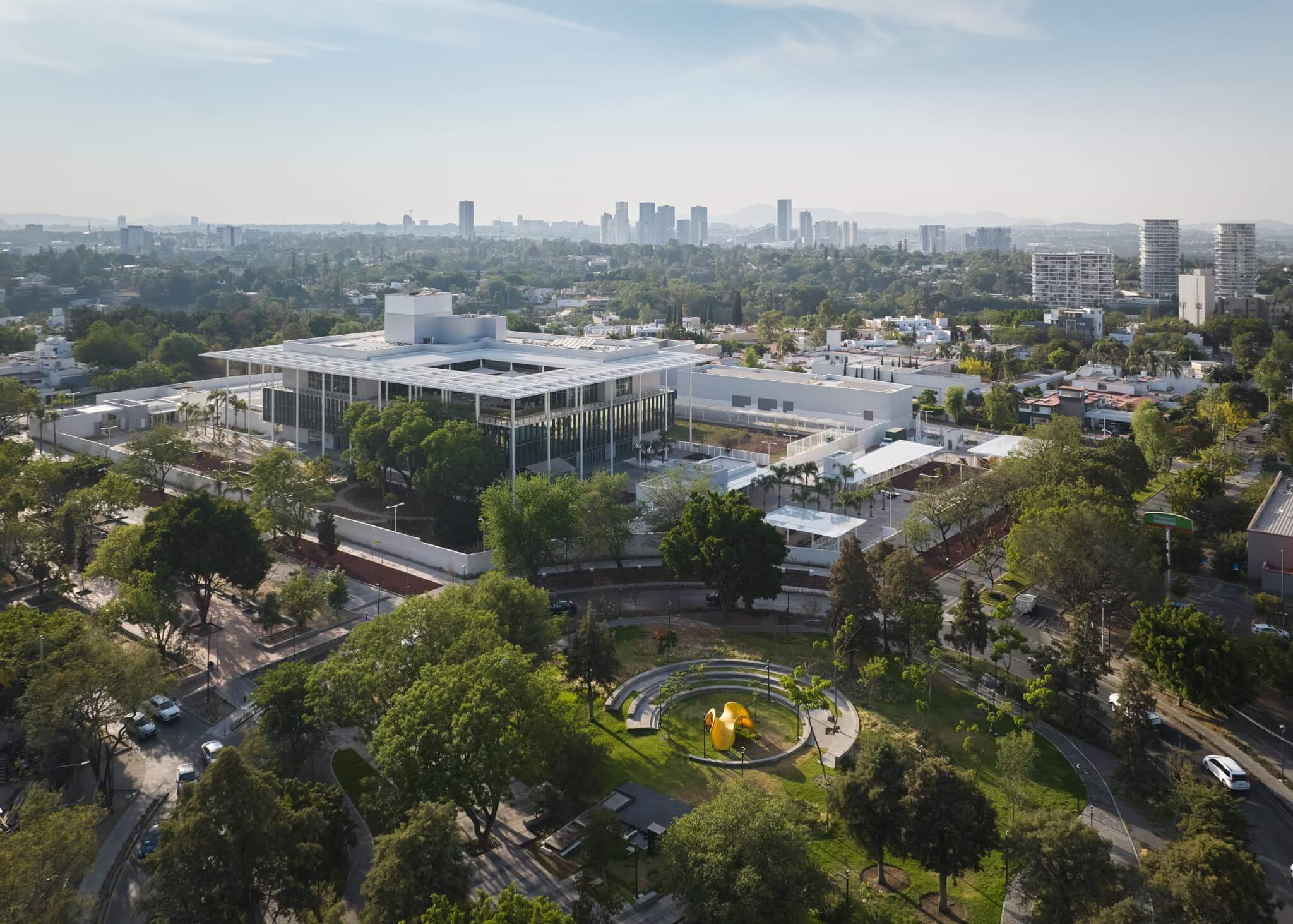 Consulate, aerial view, landscaping, canopy