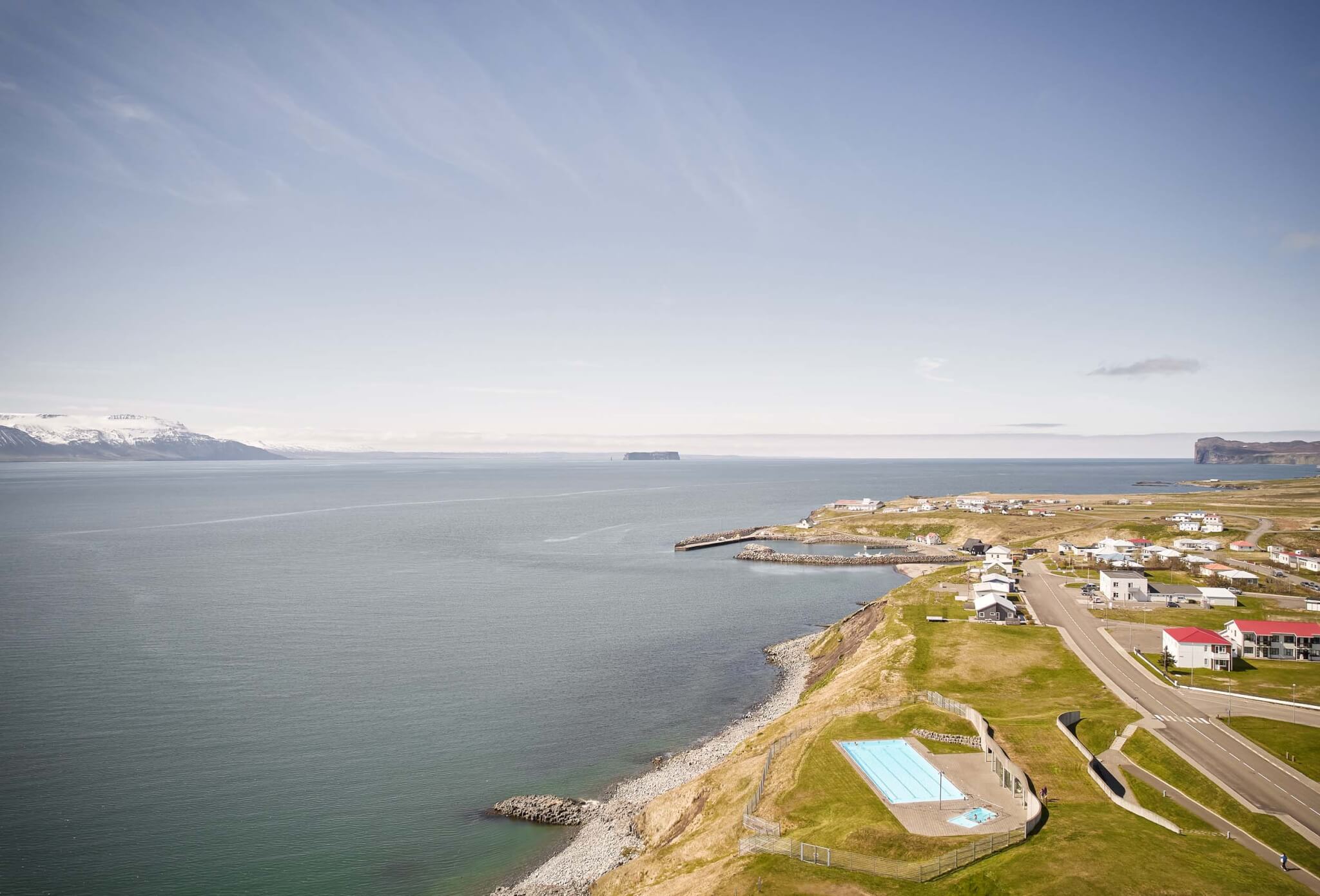 aerial detail of Hofsós, a rectangular geothermal swimming pool
