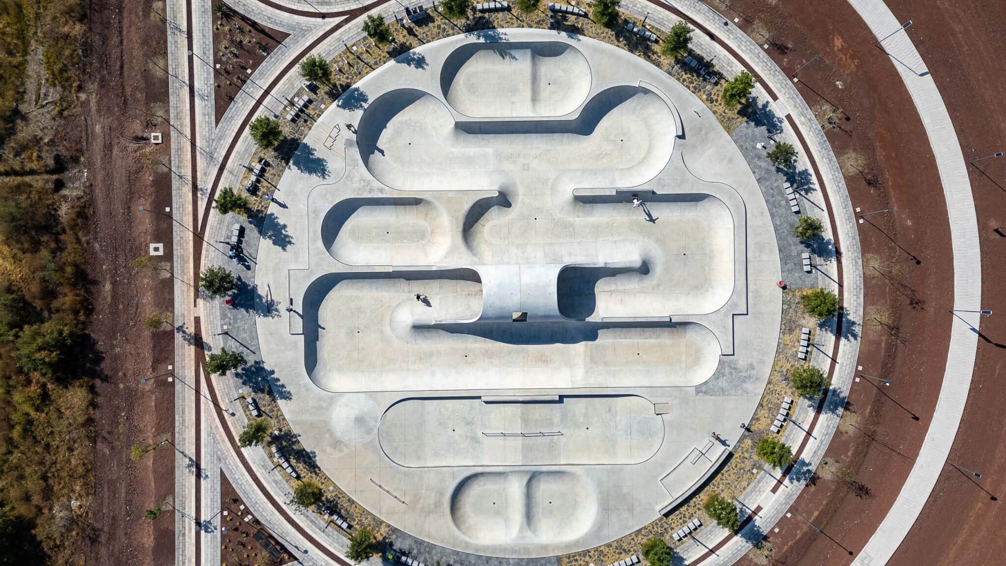 aerial view of a skate park 
