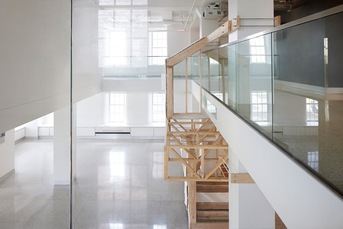 A photo from the second level of the atrium, capturing a new angle of the timber material