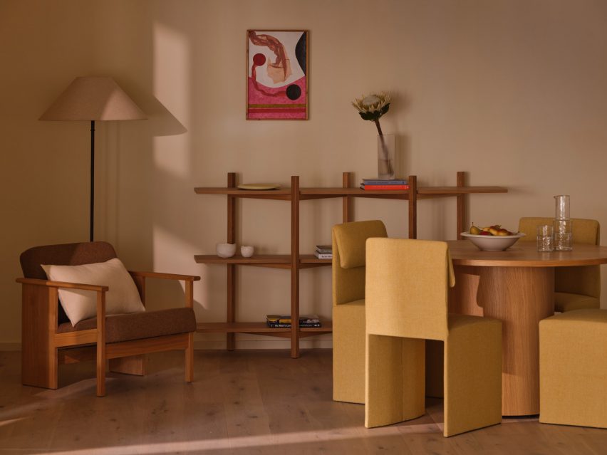 Wooden shelf and yellow seats at Cloisters