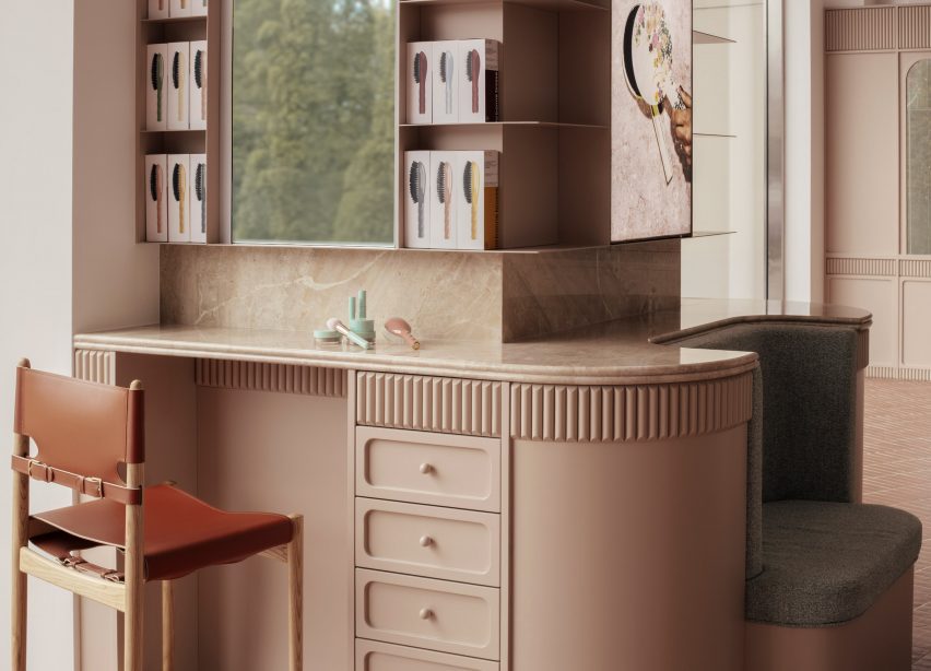 Vanity with Breccia Oniciata marble counter and tambour details
