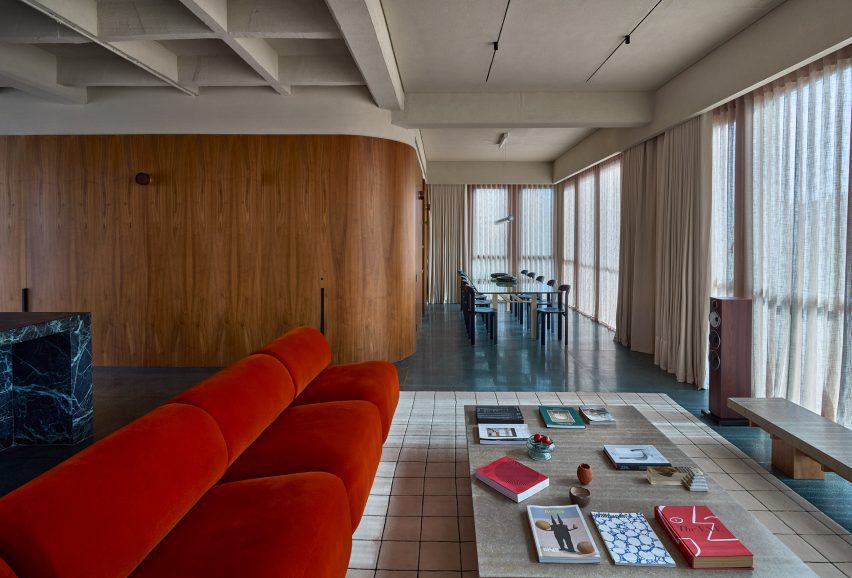 Orange velvet couch