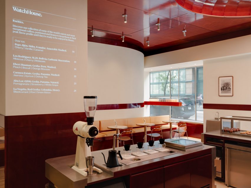 A cafe menu projected onto a central column