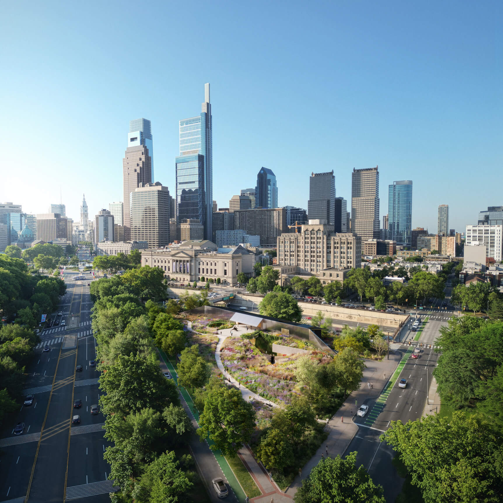 An aerial render of Calder Gardens by Herzog & de Meuron and Piet Oudolf