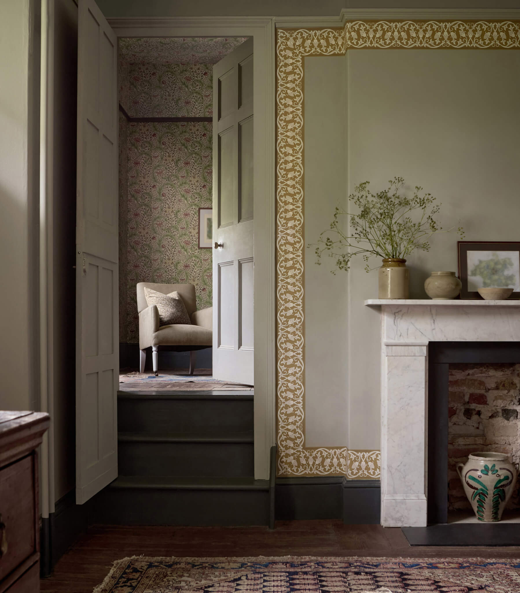 Photo of interior, wallpaper, chair, fireplace