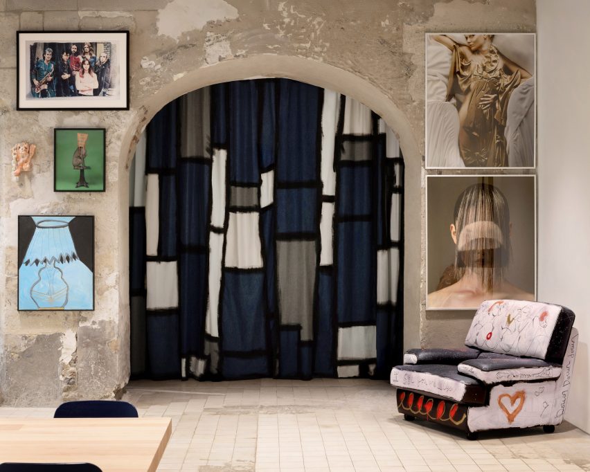 Patterned curtain in Paris building