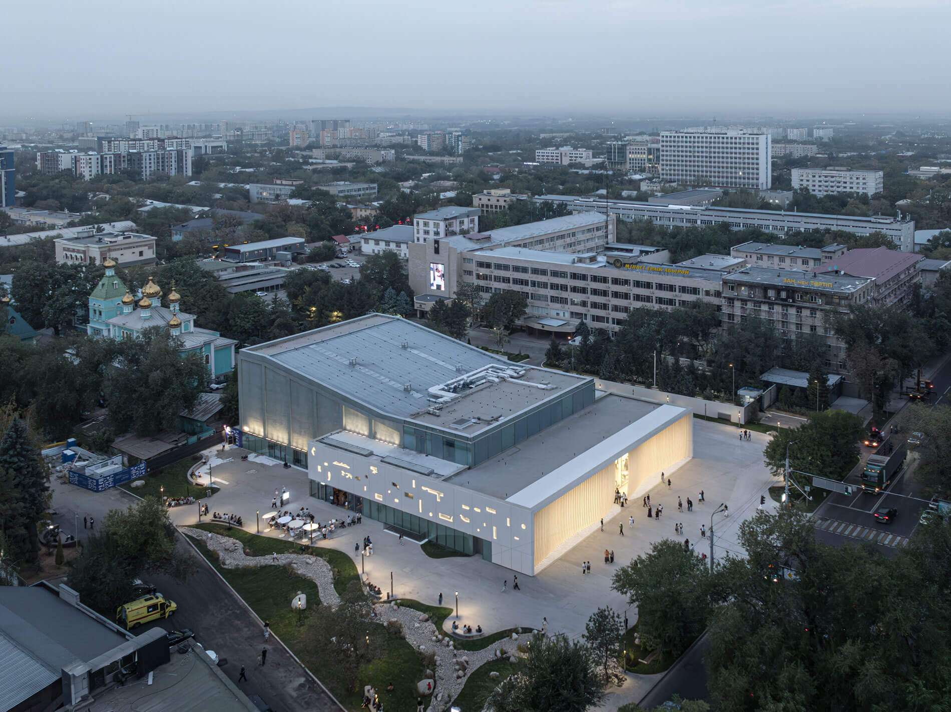 An aerial view shows the urban context of Tselinny Center in Almaty, Kazakhstan