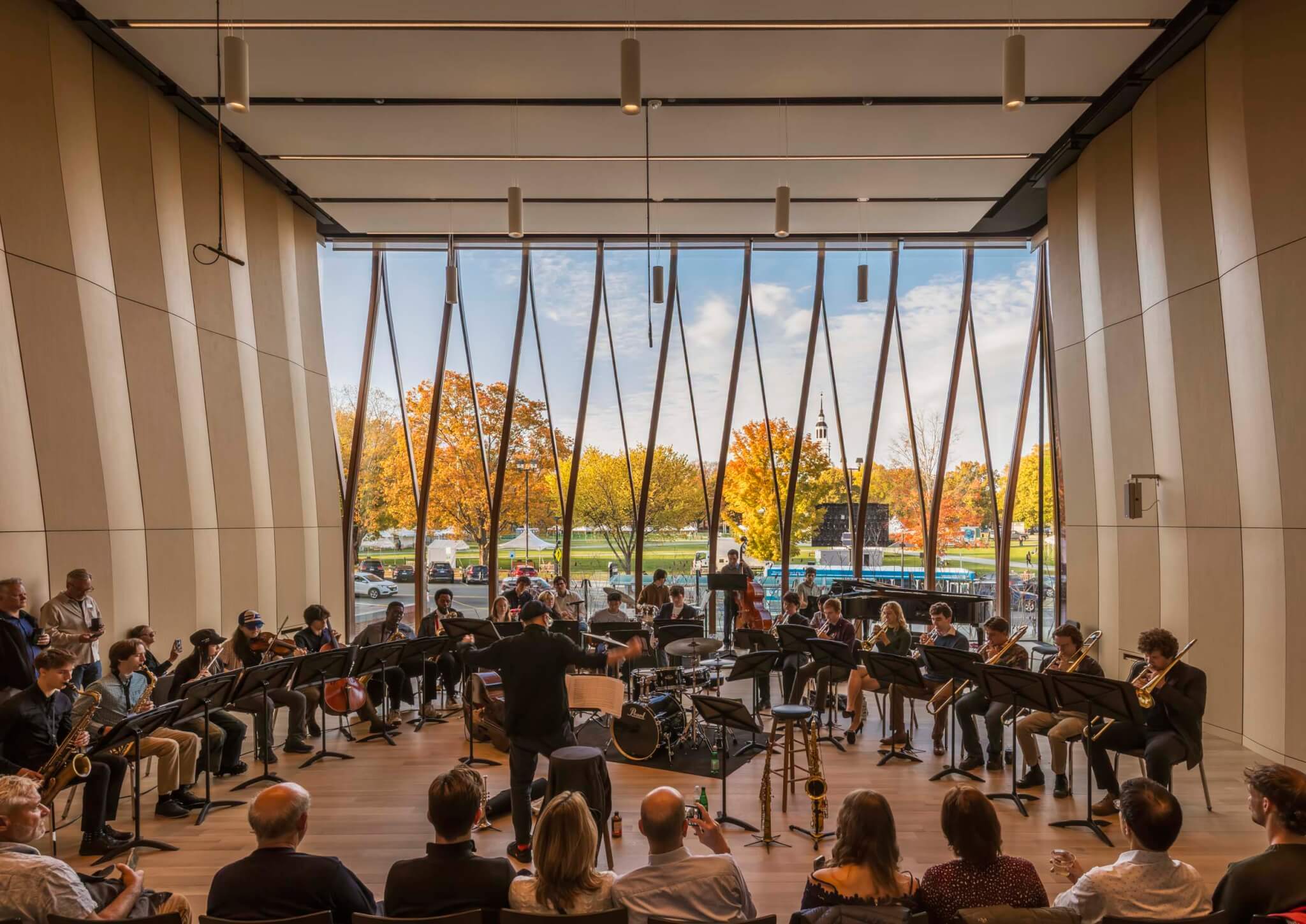 performing arts space in front of glazed wall