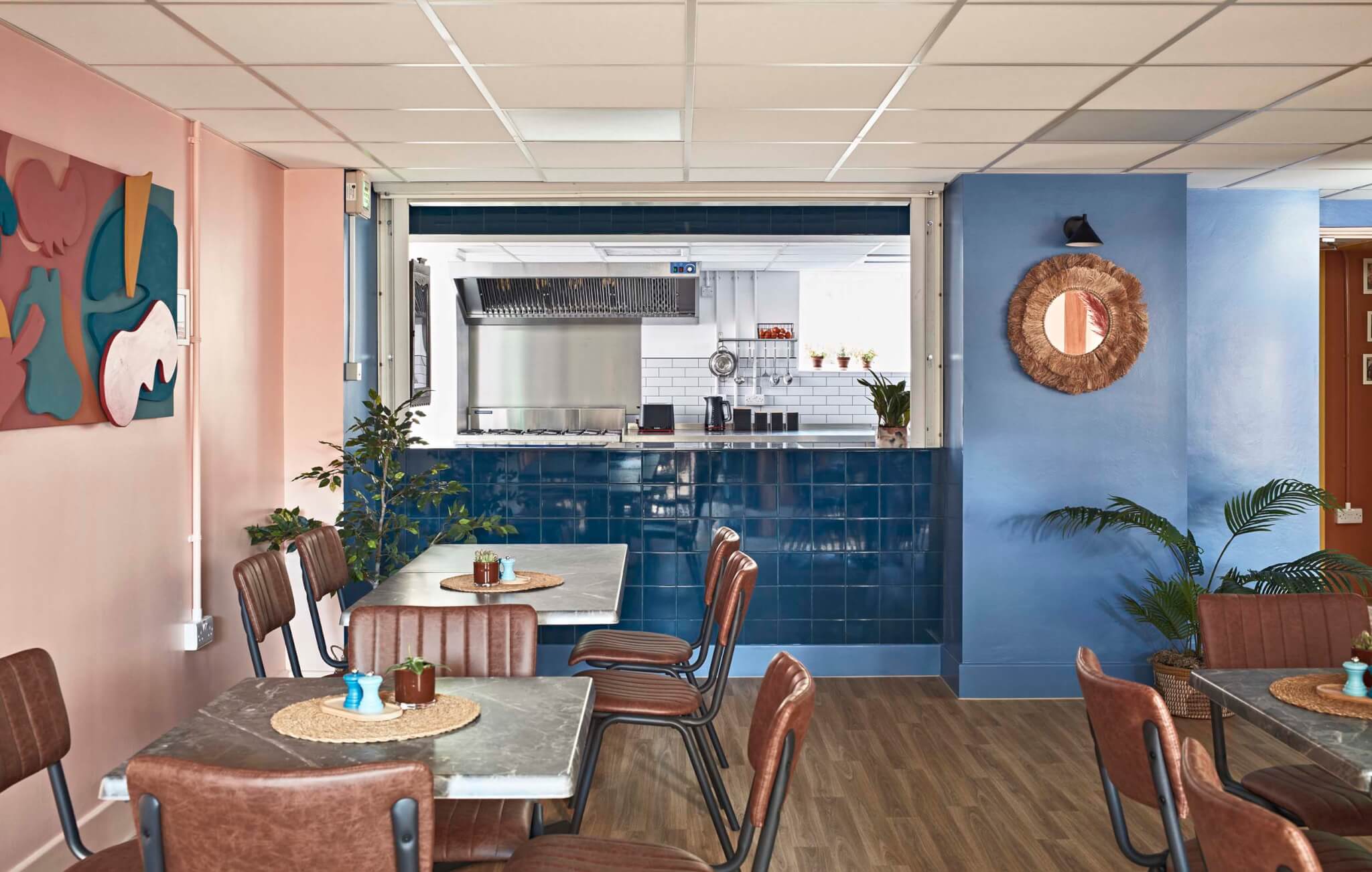 cafe with blue tile counter