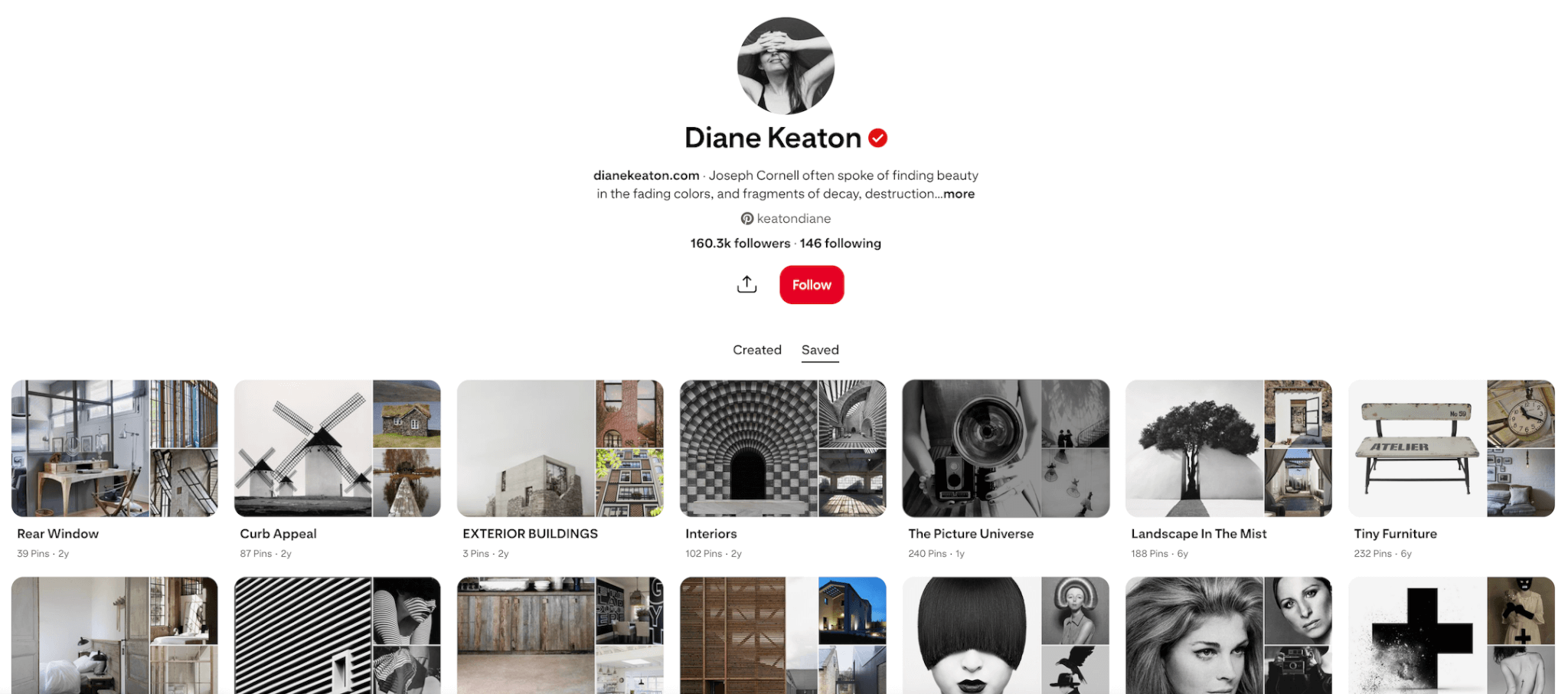 Screenshot of Diane Keaton's Pinterest board.