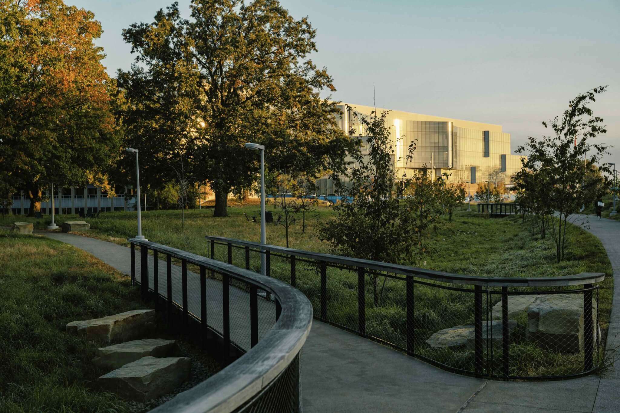 Park walkway with view of Central Campus Building in the background