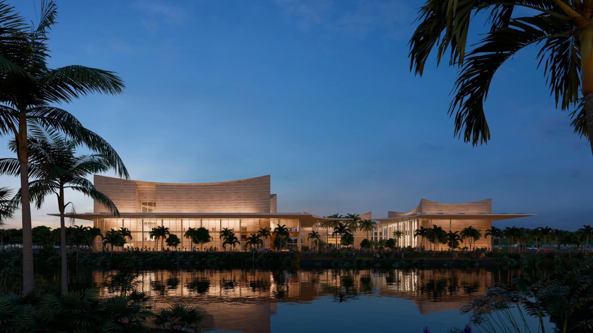 Exterior rendering of the Sarasota Orchestra Music Center at night