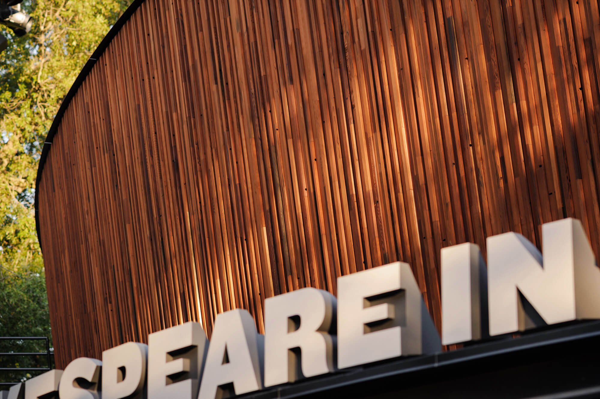 Theater canopy and signage, wooden facade of redwood