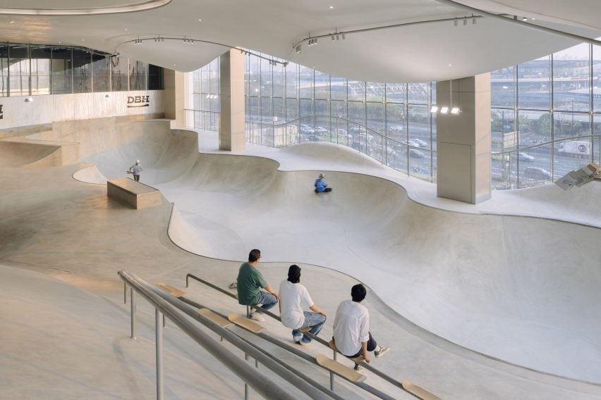 Indoor skatepark with glass walls