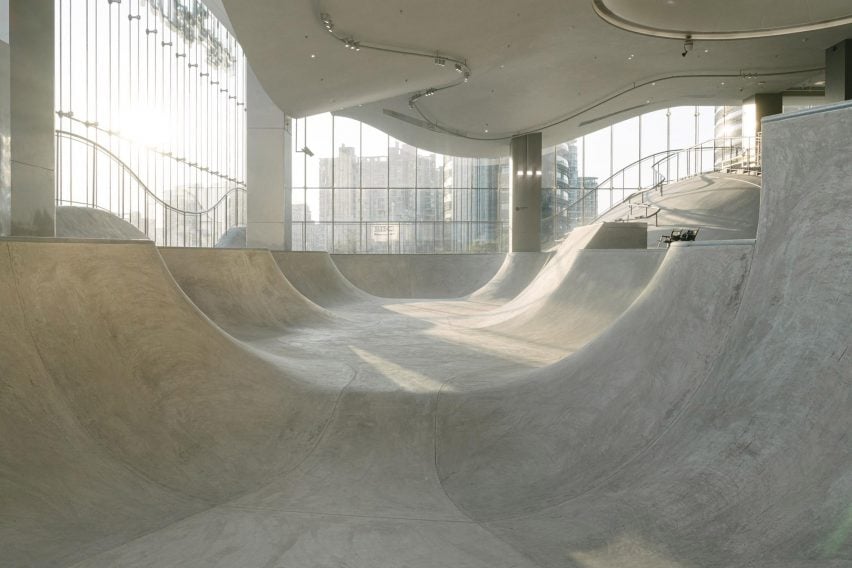 Indoor skatepark with glass walls