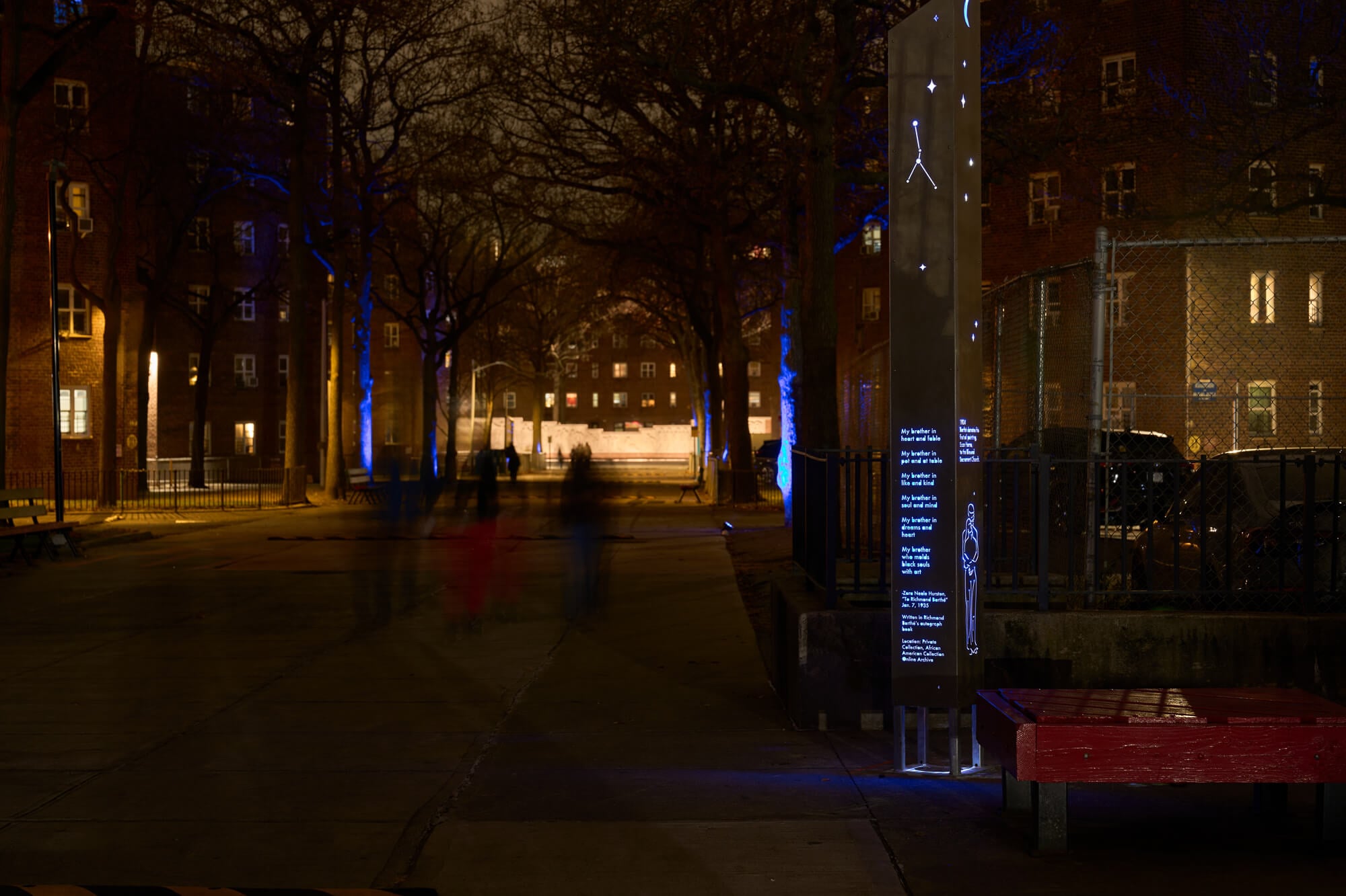 The sculptures at night, lit from within