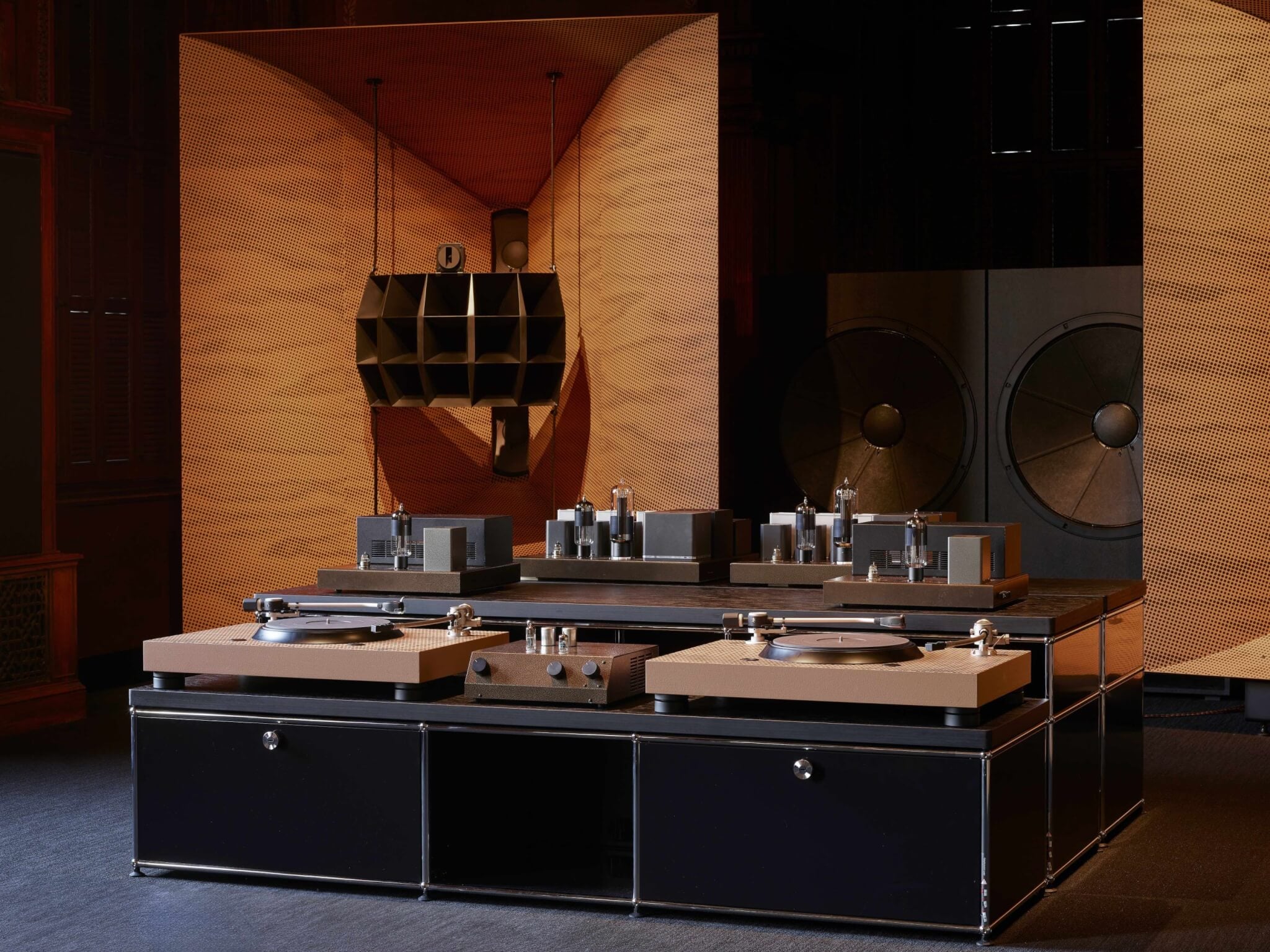 Close up view of record player and listening system. 