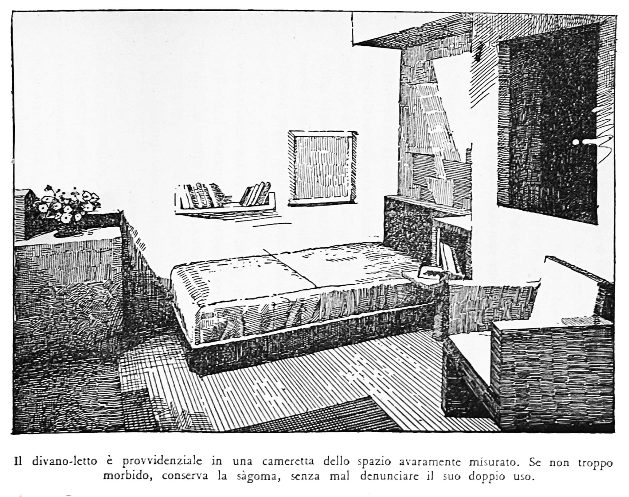drawing perspective of a room with a sofa bed.