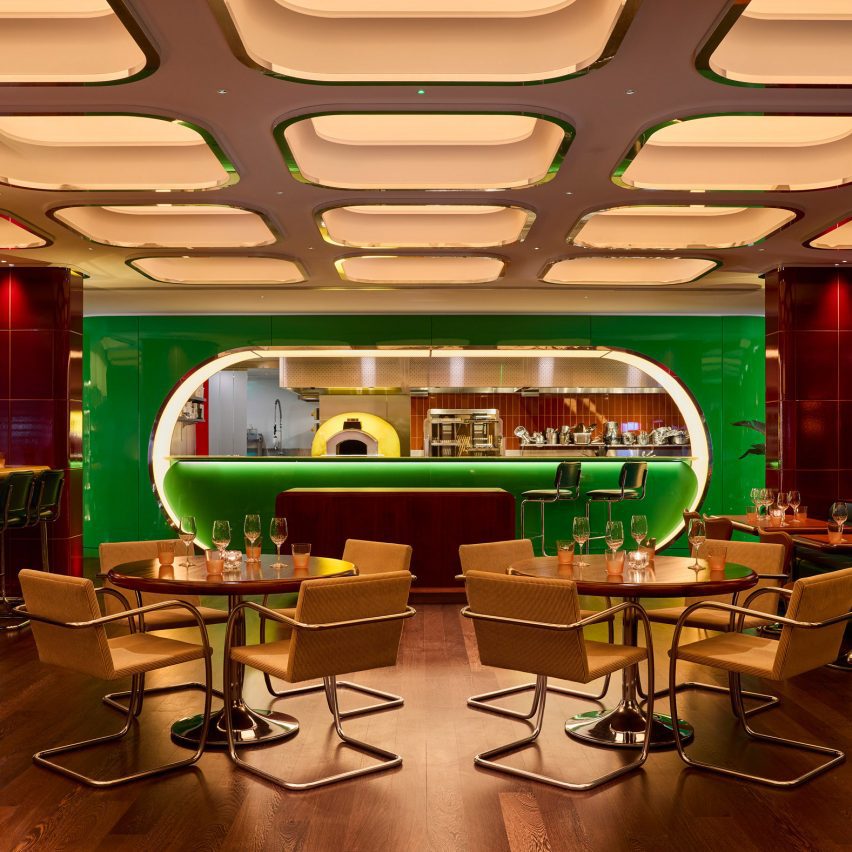 Restaurant with green and red interior
