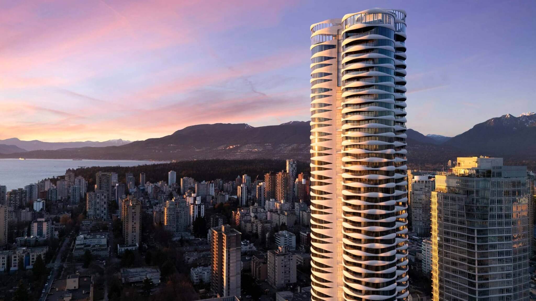 Butterfly tower, white bands, cylindrical tower