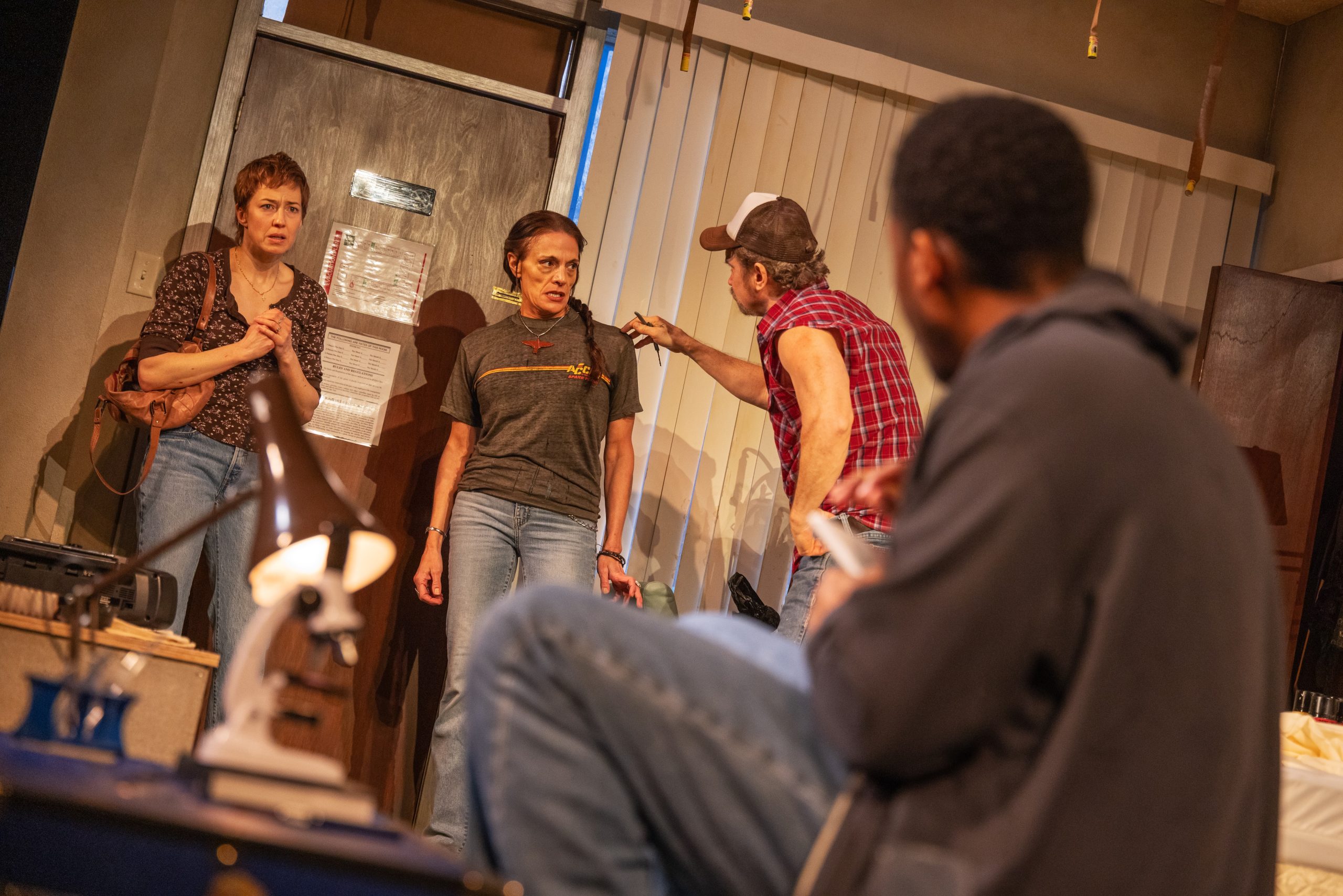 Carrie Coon as Agnes White, Jennifer Engstrom as R.C., Steve Key as Jerry Goss, Namir Smallwood as Peter Evans in Bug written by Tracy Letts, directed by David Cromer. 
