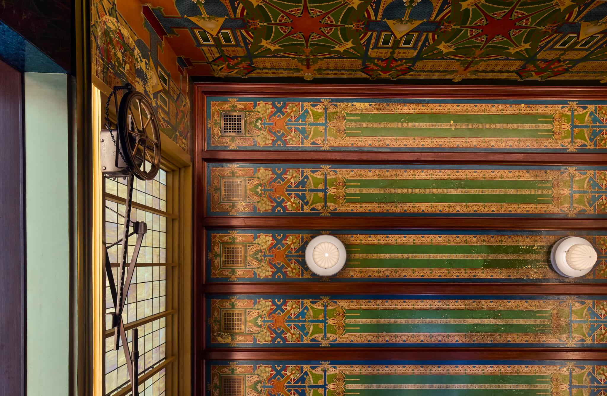 close-up of restored murals in louis sullivan bank