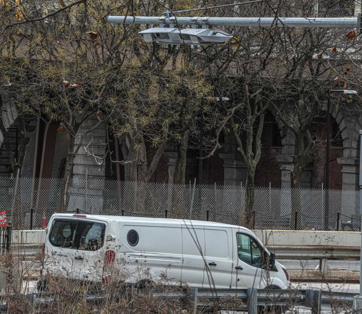 Van passes congestion pricing gantry in Manhattan