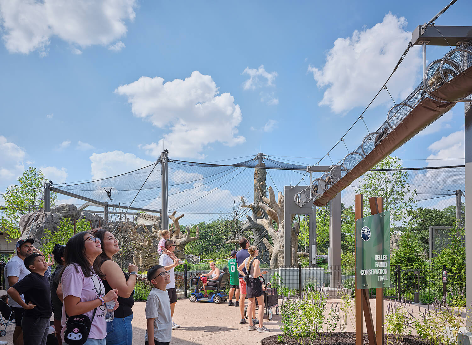 Visitors look up at an overhead mesh tunnel on the Keller Family Conservation Trail at Brookfield Zoo Chicago, with cable-stayed enclosure structures beyond
