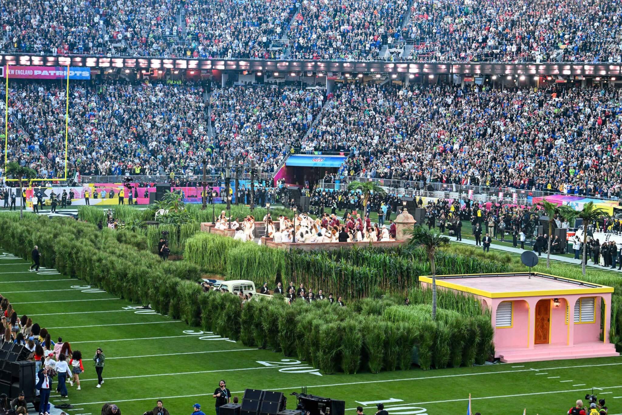 aerial view of set for bad bunny super bowl performance
