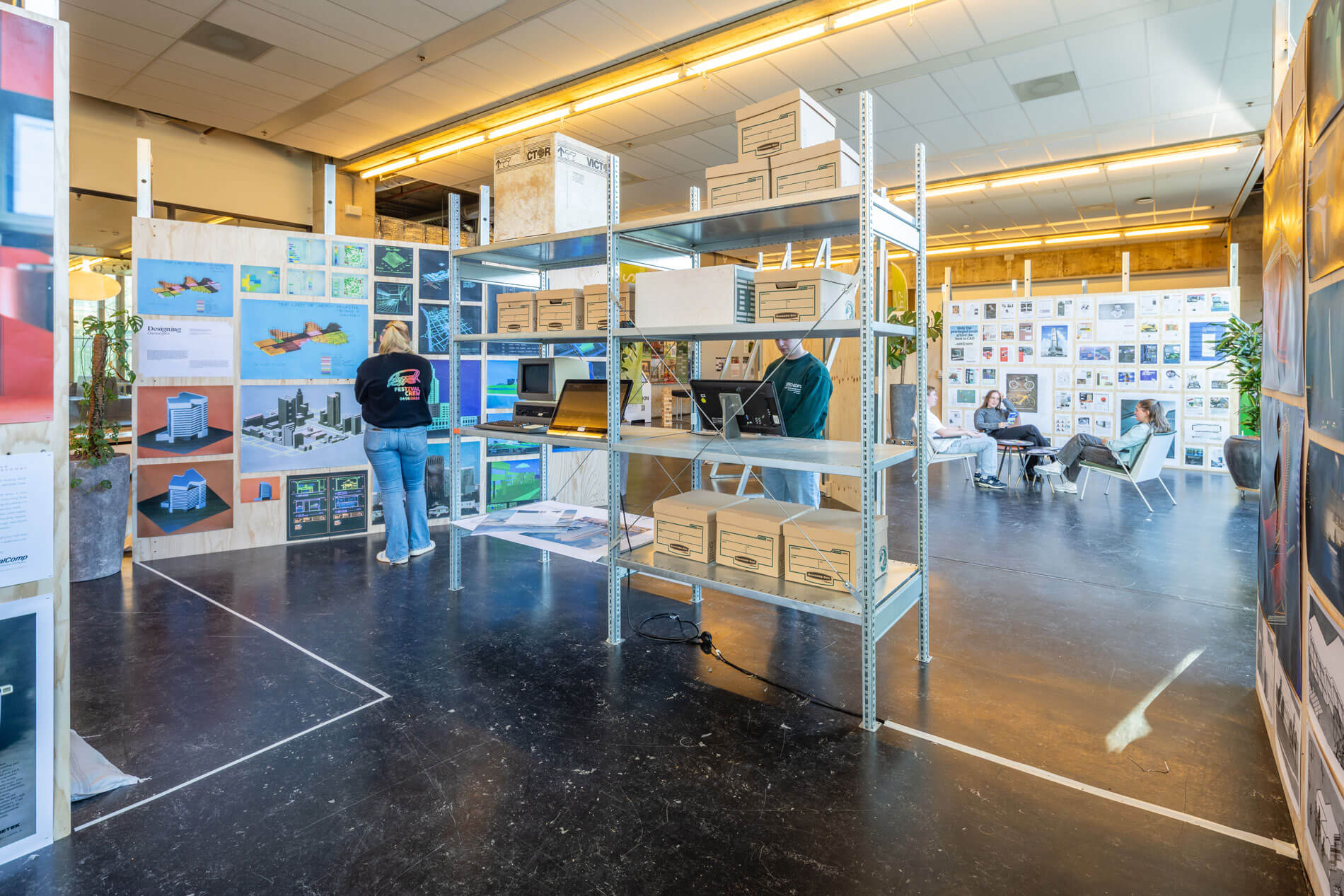 shelves and drawings on view on boards