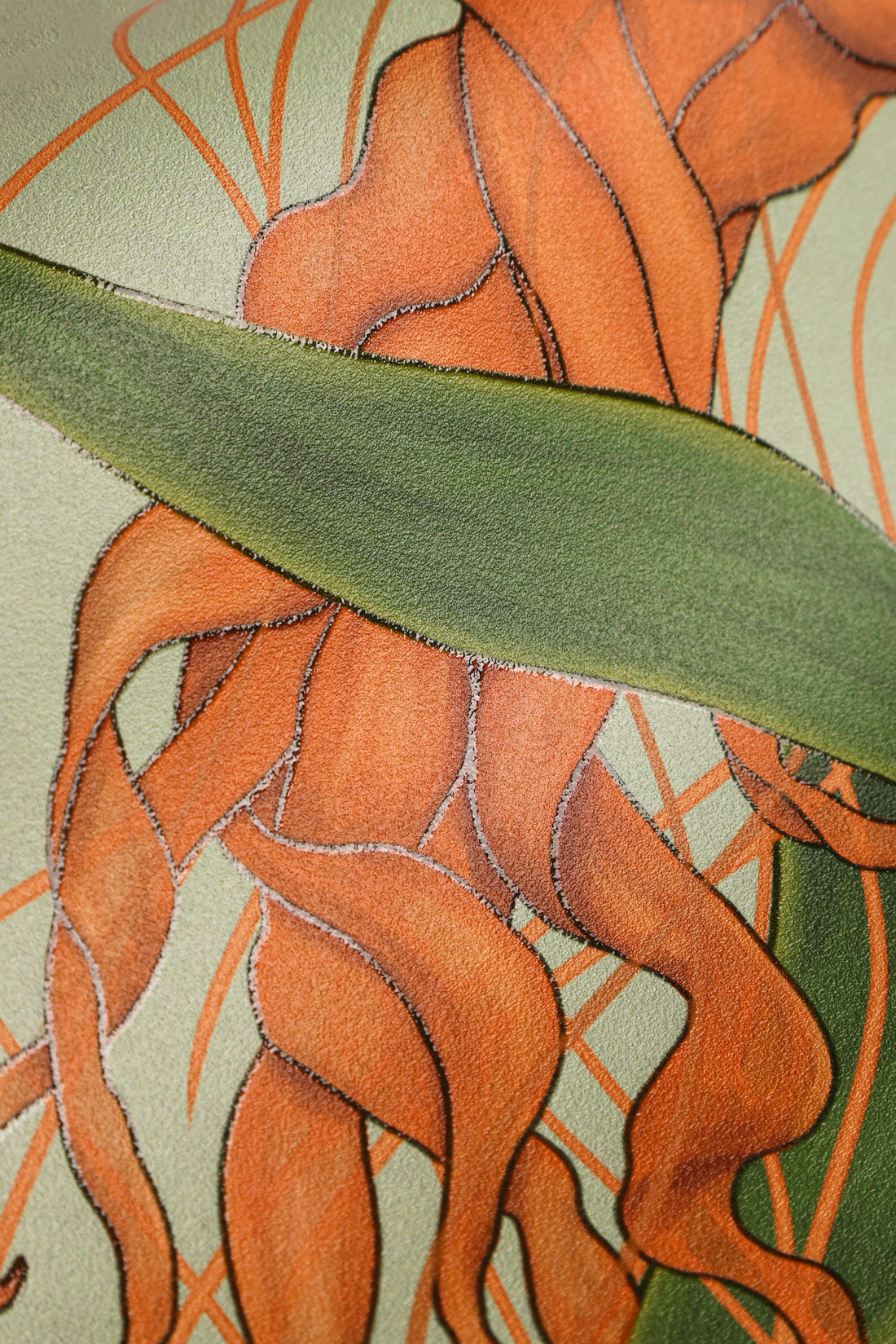 Detail shot of a wallcovering featuring elegant jellyfish and kelp printed with spot gloss, creating a glittery effect in the linework.