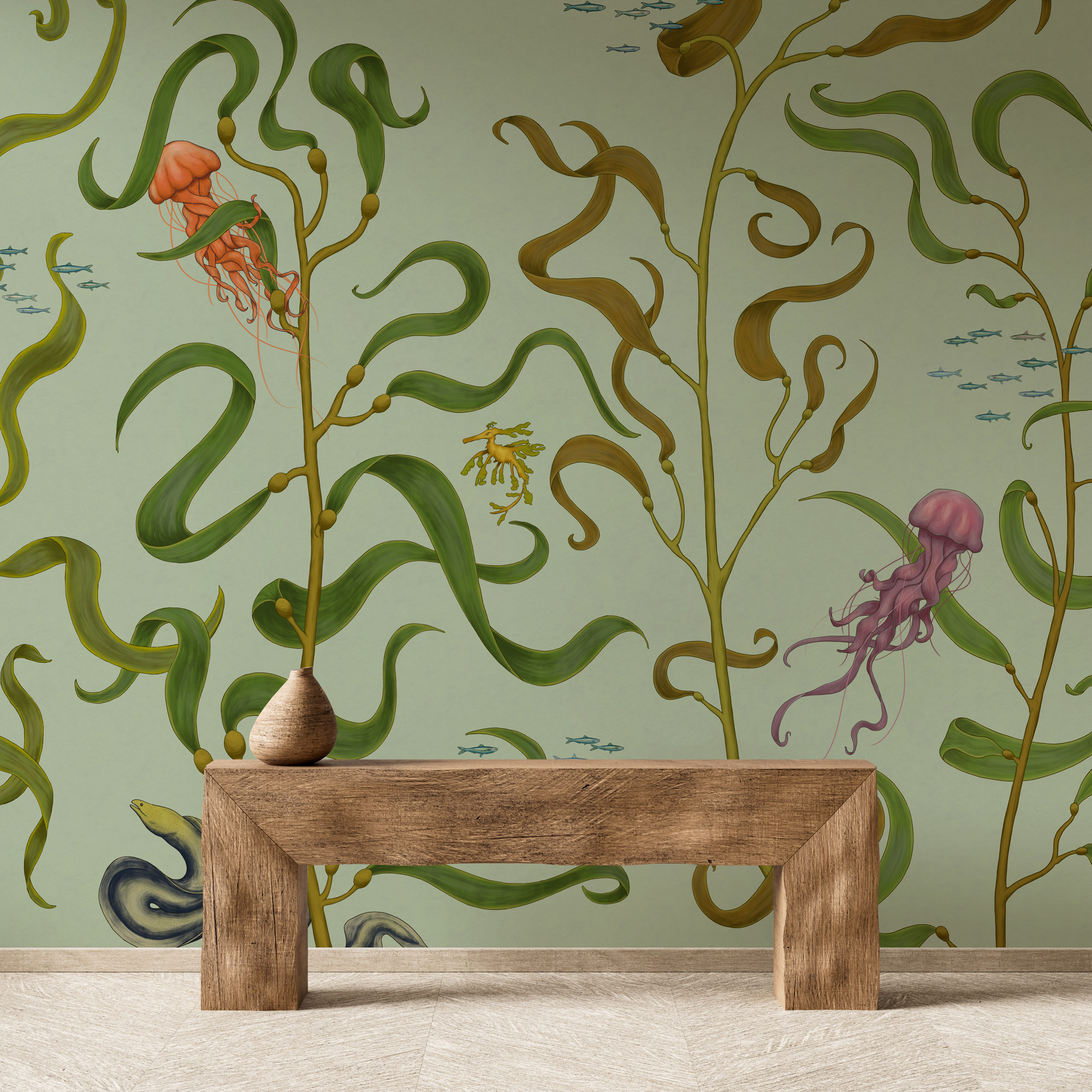 Intricate wallcovering mural of an underwater scene on a mint green background.