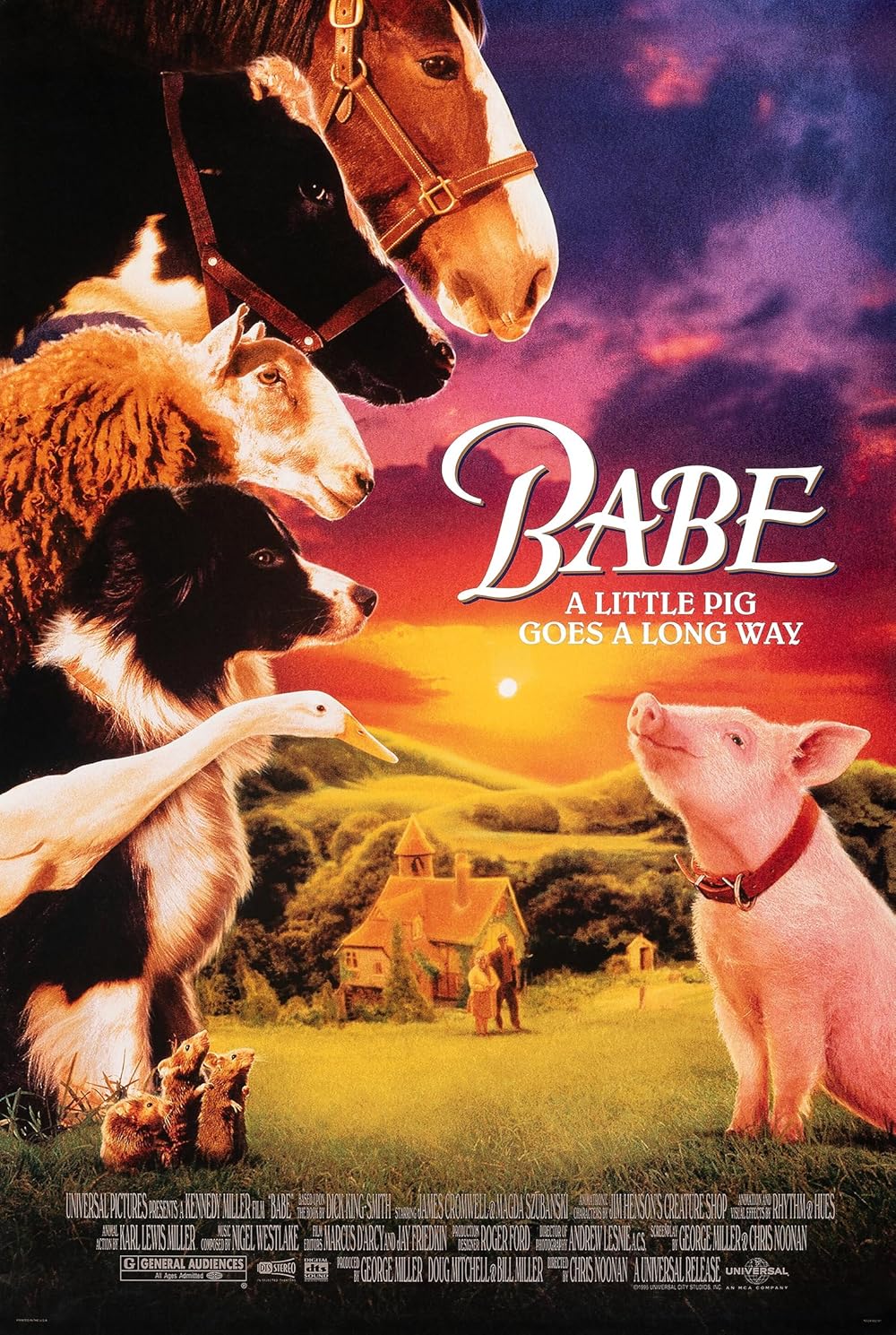 promotional poster for the movie babe featuring various farm animals